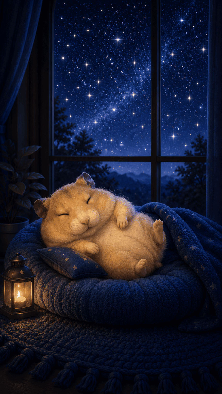 星空を眺めながら眠るハムスター